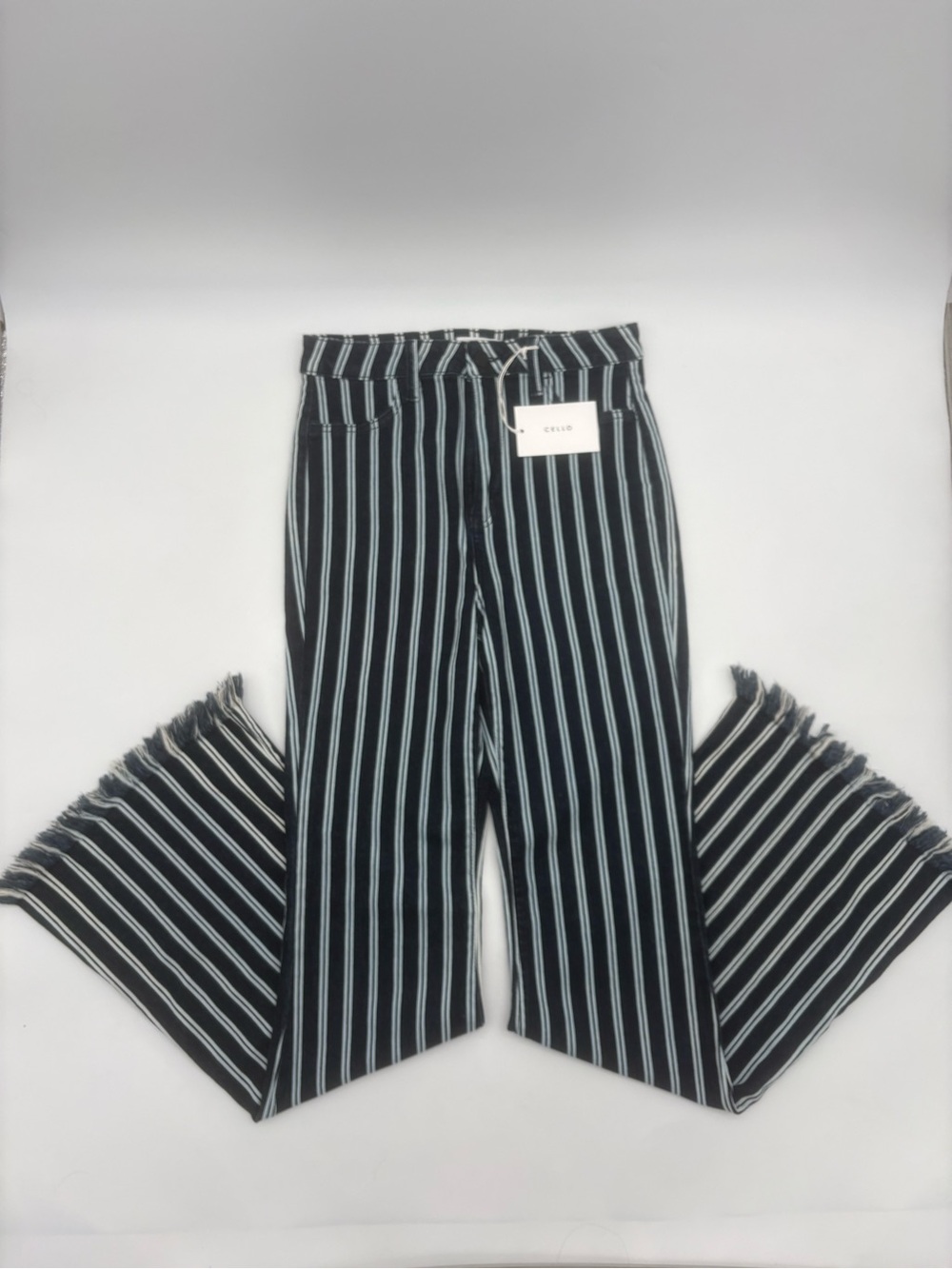 Cello High Rise Striped Flare Jeans Size 7 NWT Raw Fringe Hem